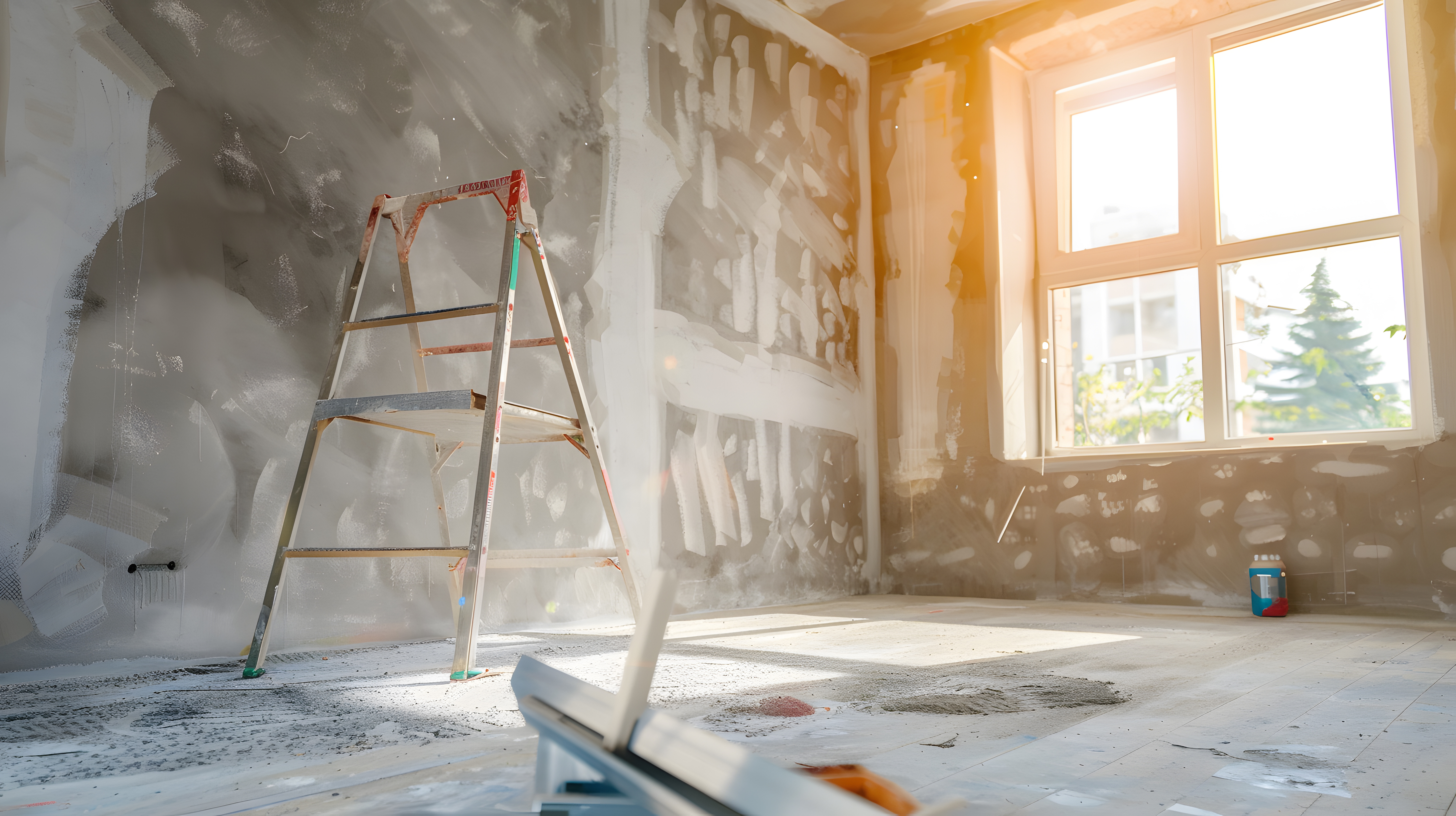 Unfertiger Raum mit einer Leiter, einem Fenster und Baumaterialien auf dem Boden.